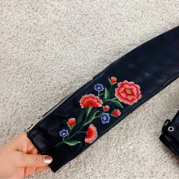 Floral Embroidered Black Faux Leather Biker Jacket - Picture 6 of 10